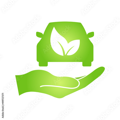 Eco hand with electrocar icon Zero emission vehicle Battery charging station sign