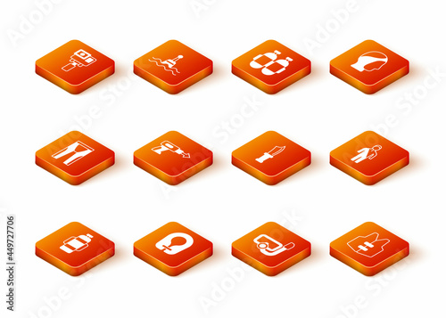 Set Aqualung, Life jacket, Wetsuit for scuba diving, Fishing harpoon, Diving mask with snorkel, knife, and icon. Vector