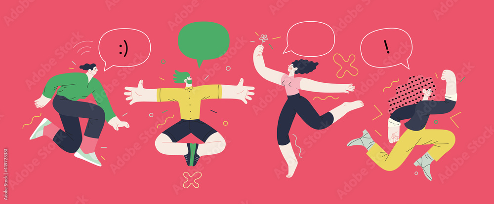 Happiness - happy people jumping in the air cheerfully Happiness - happy people jumping in the air cheerfully