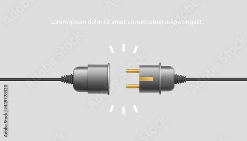 Realistic vector electric Plug black color and Socket unplugged disconnect design. Electrical disconnect concept, lost connection. Isolated illustration