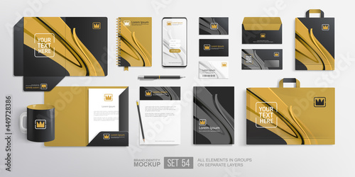 Stationery office items Mockup set with corporate brand identity design. Brown and black abstract graphics. Business stationery mockup. Office equipment set of paper bag, black mug, document folder