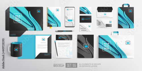 Realistic Stationery mock-up set of folder, blank, phone, tablet, covers, shopping bag with company branding identity design. Corporate Identity of blue and black abstract graphics Brand Mockup set 
