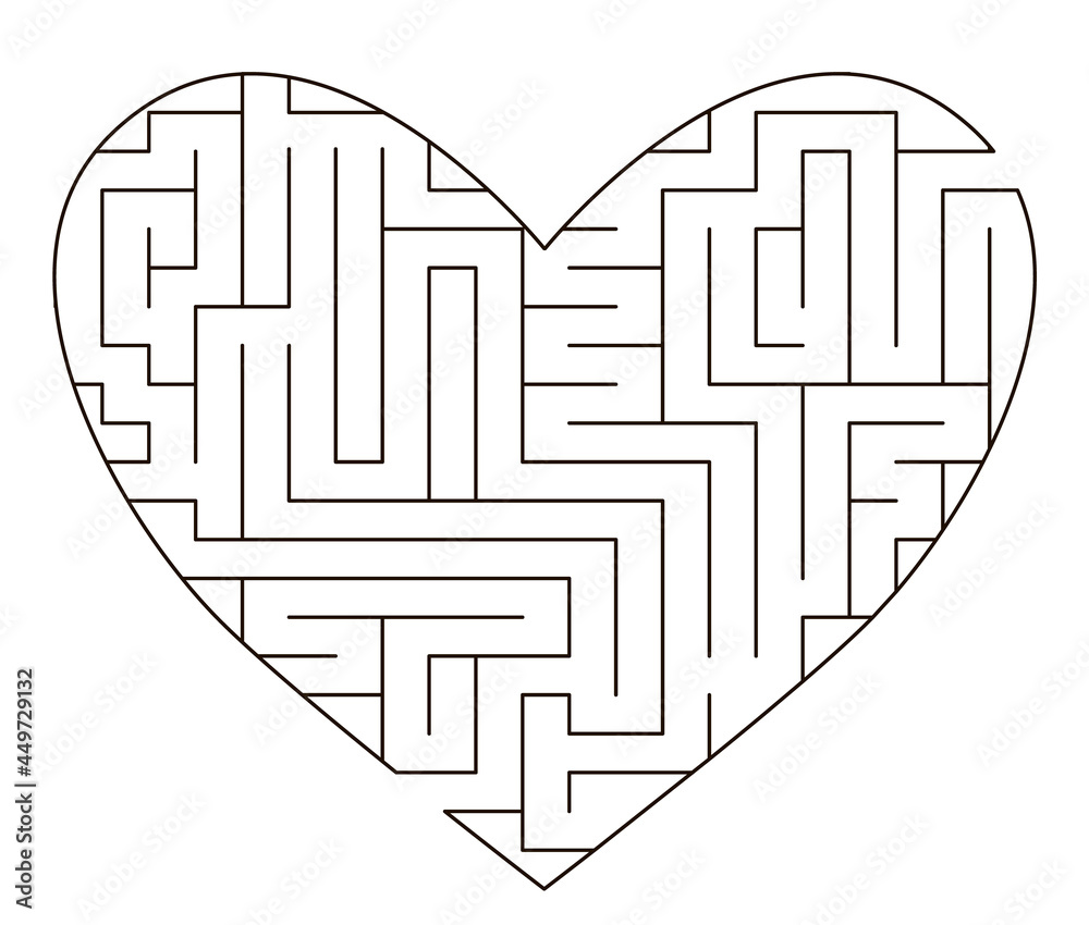 Vector heart shaped maze template. Blank black and white labyrinth ...