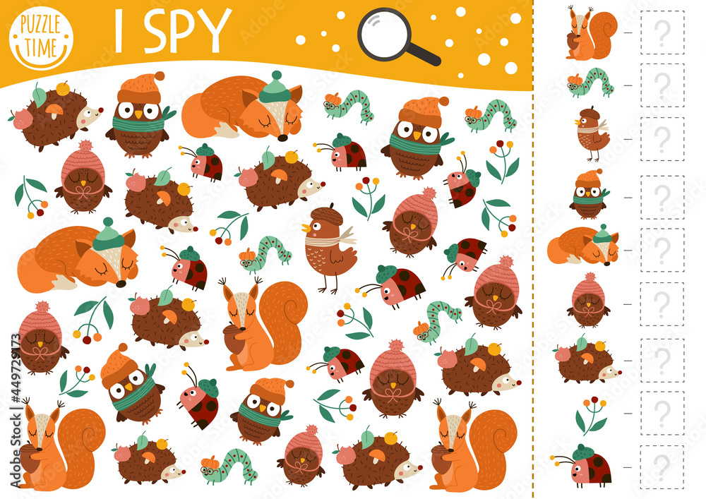 Autumn forest I spy game for kids. Fall searching and counting activity for  preschool children with woodland animals, birds, insects. Funny printable  worksheet for kids. Simple spotting puzzle.. Stock Vector | Adobe