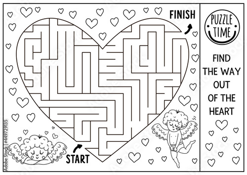 Saint Valentine day black and white maze for children in heart shape. Holiday preschool printable educational activity. Funny game or coloring page with cute cupid. Romantic puzzle with love theme..