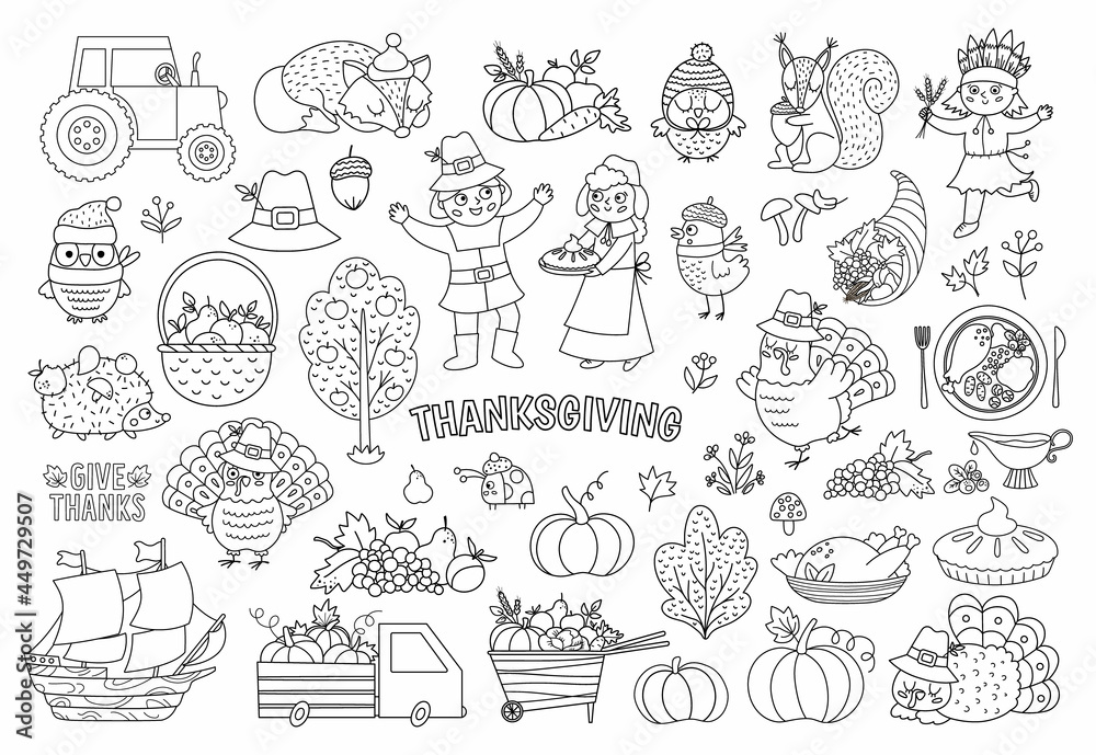 Vector black and white Thanksgiving elements set. Autumn line icons collection with funny pilgrims, native American, turkey, animals, harvest, cornucopia, pumpkins. Outline fall holiday pack.