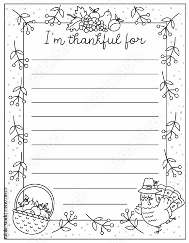 Vector black and white Thanksgiving card. Im thankful for line vertical letter template with cute turkey, basket with apples, fruit harvest. Autumn outline holiday frame design for kids..