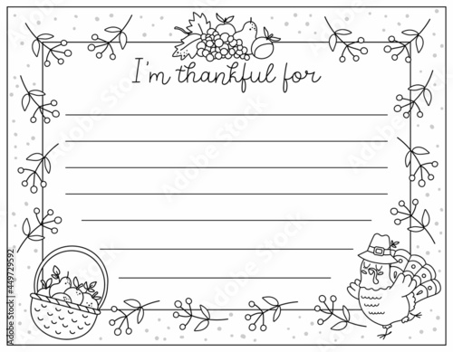Vector black and white Thanksgiving card. Im thankful for horizontal line letter template with cute turkey, basket with apples, fruit harvest. Autumn outline holiday frame design for kids..