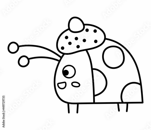 Vector black and white ladybug in warm hat. Funny woodland ladybird line icon with tree twig. Cute autumn forest or garden insect outline illustration for children design, print, stationery.