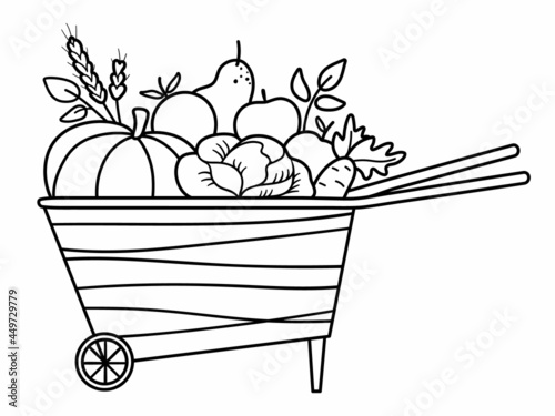 Vector black and white wheelbarrow with apples, pear, pumpkin, carrot. Autumn outline garden clipart. Fruit and vegetables illustration isolated on white background. Fall season harvest line icon.