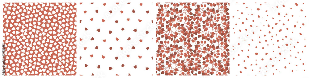 Vector seamless patterns of viburnum, rowan berries. Hand drawn set of illustrations in white and red colors
