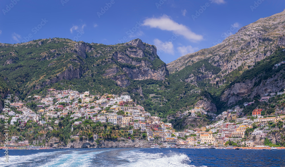 Amalfi coast (Costiera Amalfitana): panoramic view of Positano town in Italy (Campania).