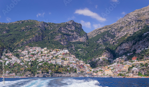 Amalfi coast (Costiera Amalfitana): panoramic view of Positano town in Italy (Campania). © vololibero