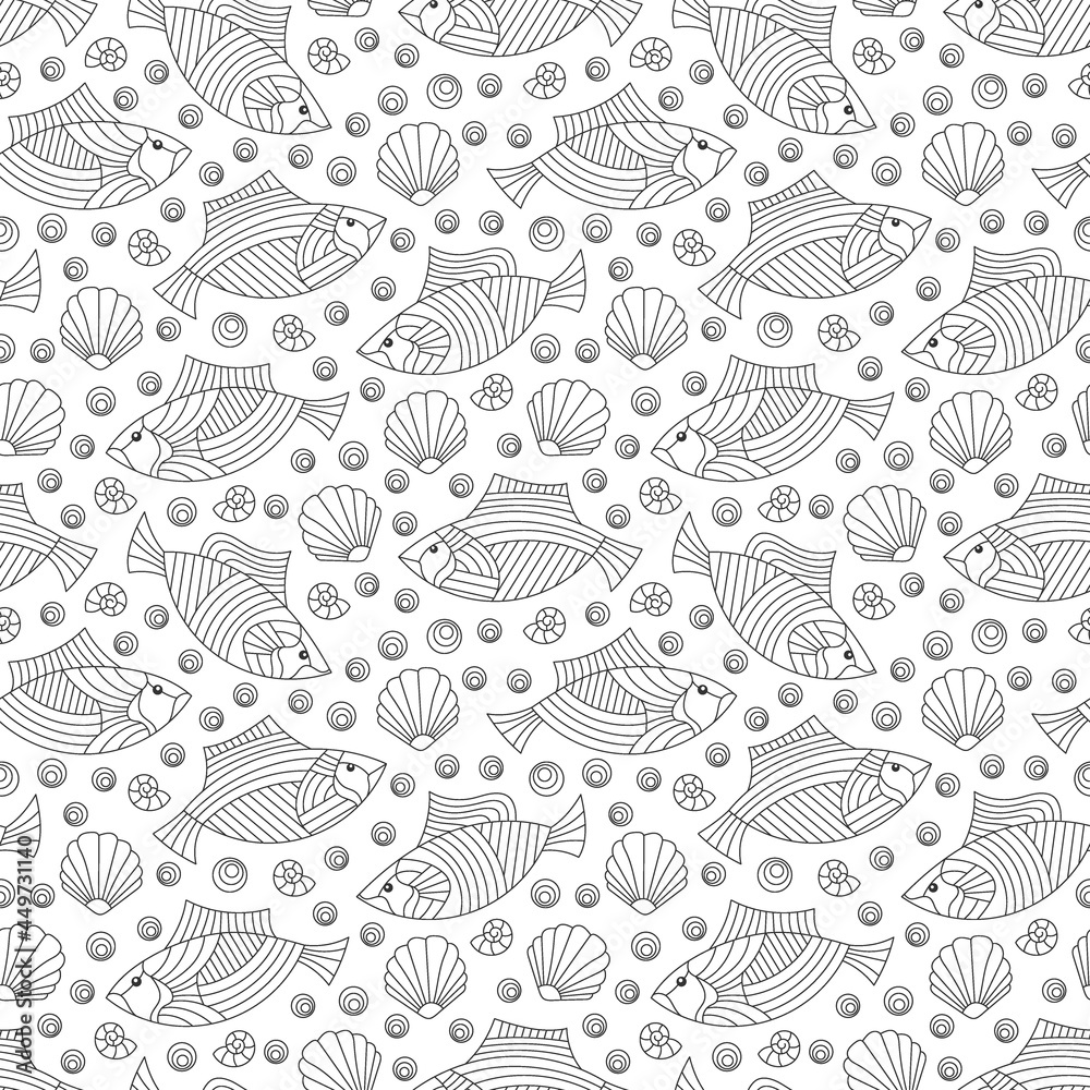 Seamless pattern on a marine theme with dark contour fishes and shells, outline fish on a dark background