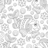 Seamless pattern with dark contour cartoon fun fishes and flowers, outline animals on a white background