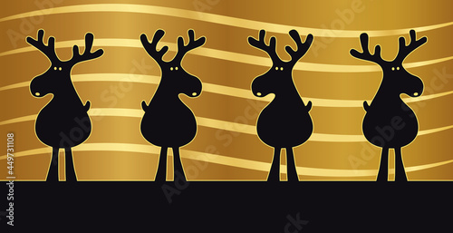 lustige Rentiere Gruppe Silhouette in schwarz mit gold glänzendem Hintergrund mit Wellen
