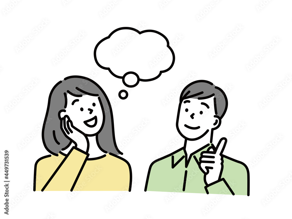 考える、悩む男女のイラスト(迷う、発見、疑問、目標、悩む、将来設計、プラン、理想) worry ,Concerns, deadlines, distress, pain, busyness, impatience, have a headache, Businesswoman head have smoke. Concept business
