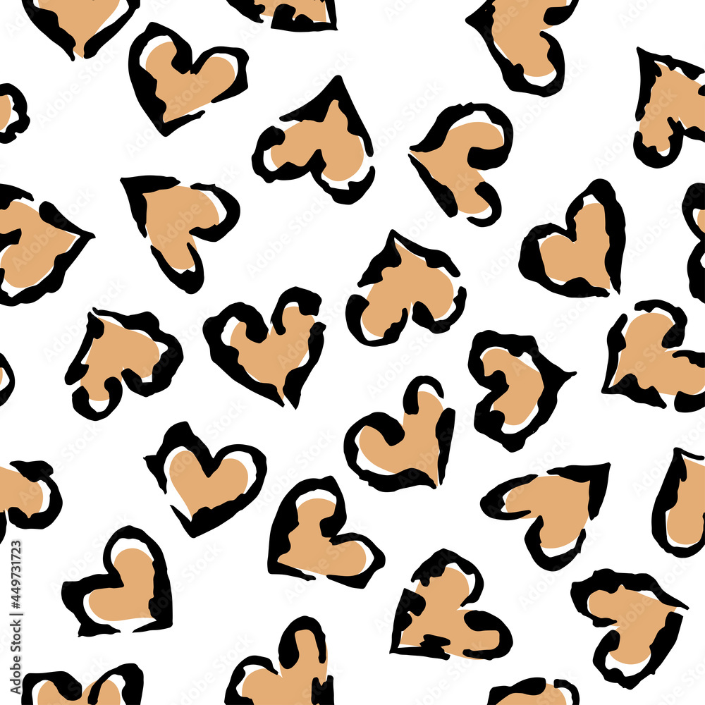 Leopard heart seamless pattern. Vector animal print. Black and beige spots on white background. Jaguar, leopard, cheetah, panther fur. Leopard skin imitation can be painted on clothes or fabric.