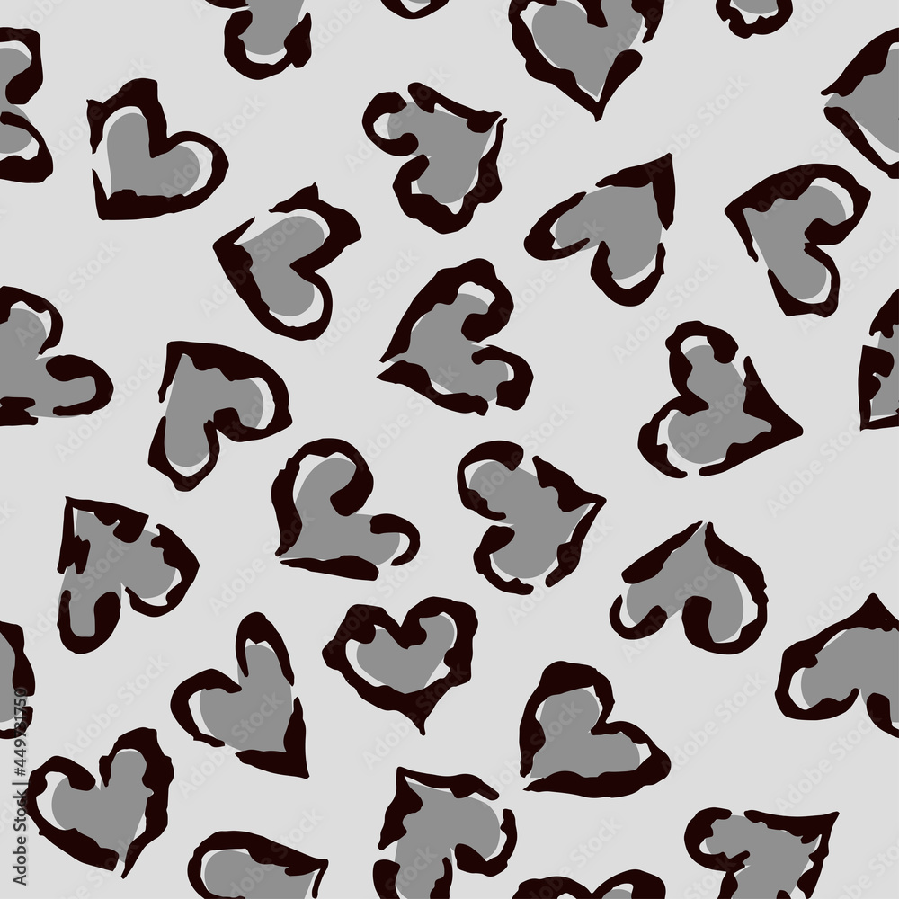 Leopard heart seamless pattern. Vector animal print. Black and grey spots on light grey background. Jaguar, leopard, cheetah, panther fur. Leopard skin imitation can be painted on clothes or fabric.