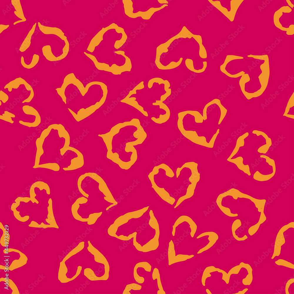 Leopard heart seamless pattern. Vector animal print. Orange spots on bright pink background. Jaguar, leopard, cheetah, panther fur. Leopard skin imitation can be painted on clothes or fabric.