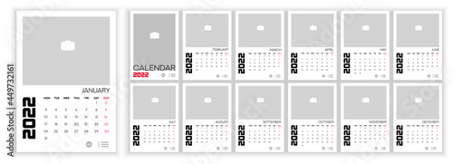 Wall Monthly Photo Calendar 2022. Simple monthly vertical photo calendar Layout for 2022 year in English. Cover Calendar, 12 months templates. Week starts from Monday. Vector illustration