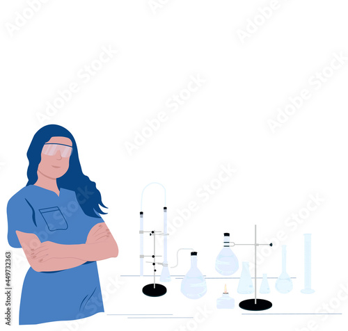 A chemist scientist in the laboratory vector stock illustration. A female biologist conducts research on professional equipment. Medical examination of medicines. Isolated on a white background.