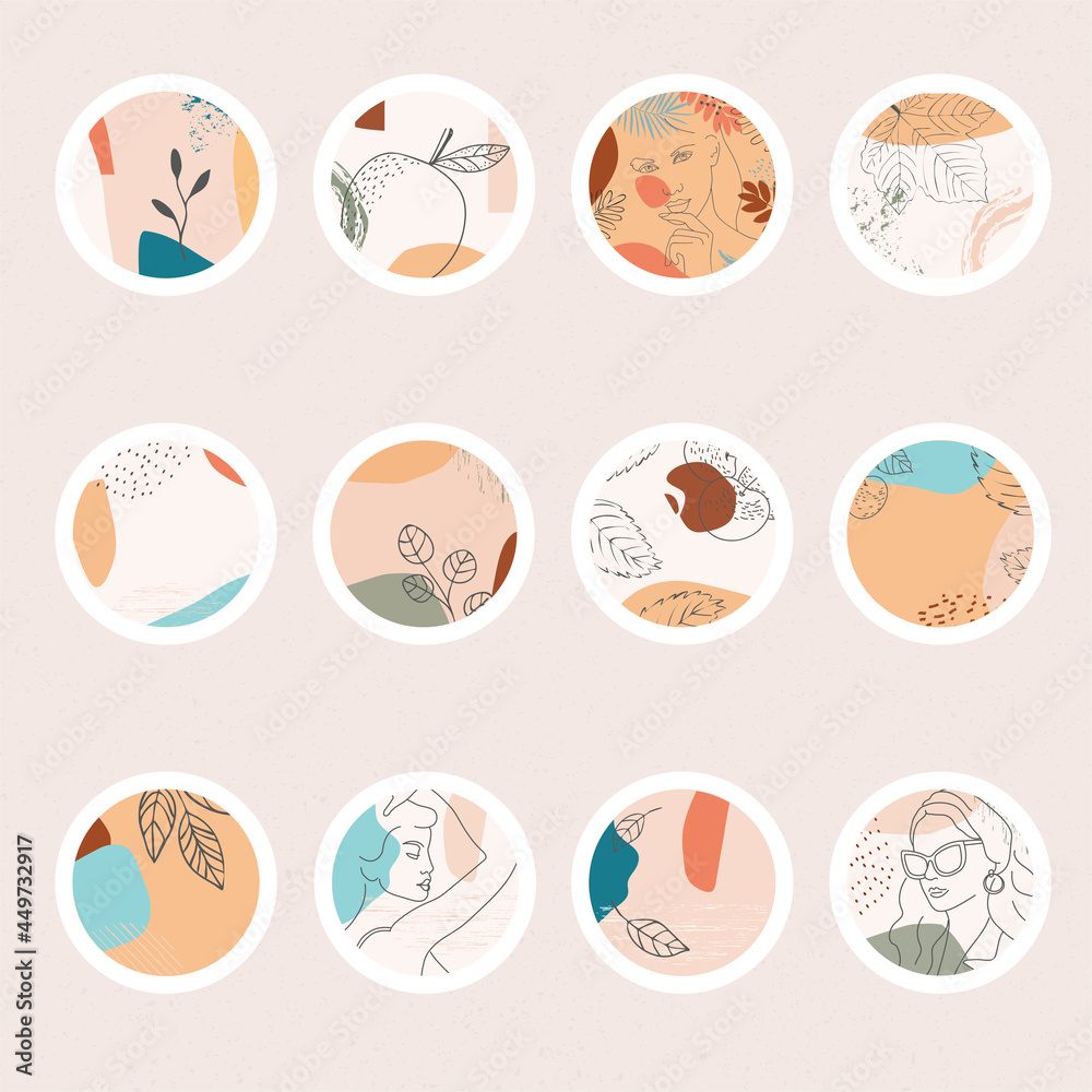 Vector set of icons and emblems for social media story highlight covers.Hand drawn round boho icons.Linear silhouette of a girl on an autumn background.