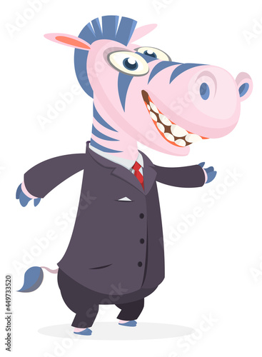 Cartoon funny smiling zebra wearing toxedo or business suit.  Vector illustration isolated