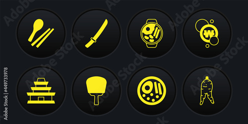 Set Korean temple, South won coin, hand fan, Ramen, Katana, Ginseng root and Food chopsticks icon. Vector