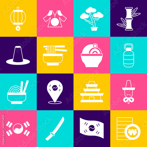 Set South Korean won coin, hat, lantern, Bonsai tree, Ramen, and icon. Vector
