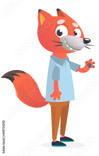 Cartoon funny and happy fox wearing modern fancy style clothes. Vector illustration isolated