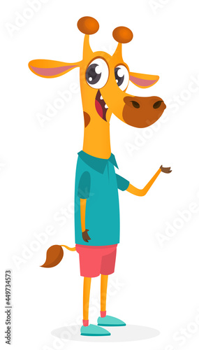Cartoon funny and happy giraffe wearing modern fancy style clothes