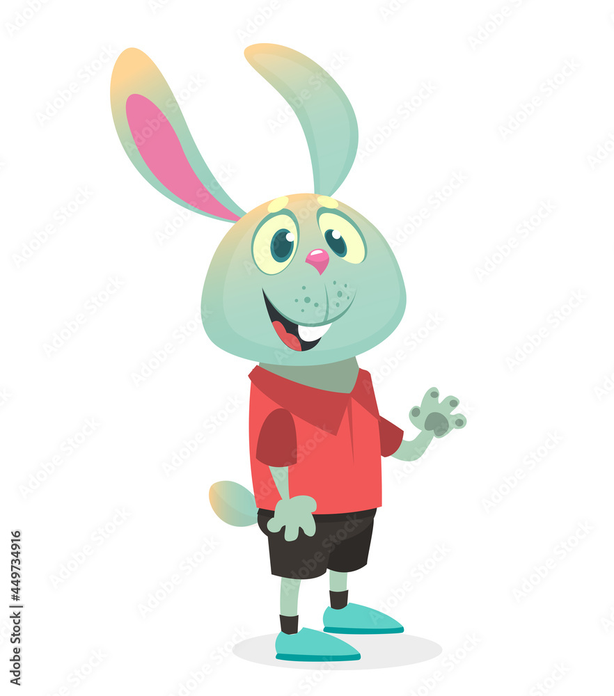 Cartoon funny and happy rabbit wearing modern fancy style clothes. Vector illustration of easter bunny hare isolated