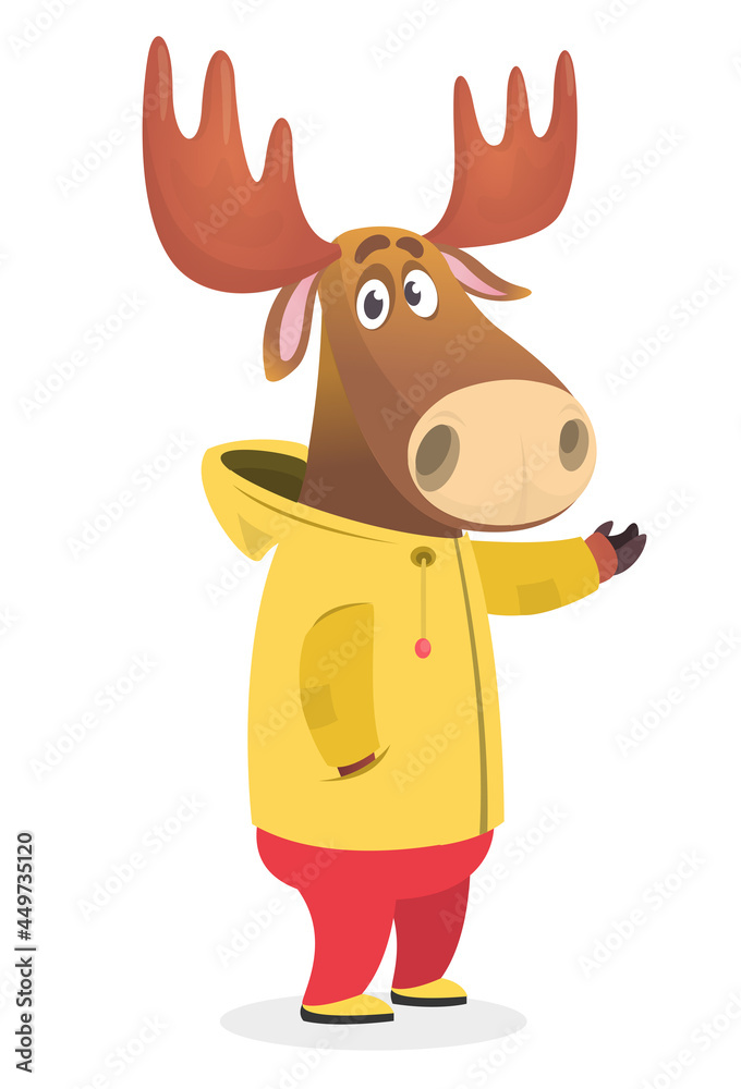 Cartoon funny and happy moose in a yellow rain coat. Elk wearing clothing. Vector illustration isolated Cartoon funny and happy moose in a yellow rain coat. Elk wearing clothing. Vector illustration isolated