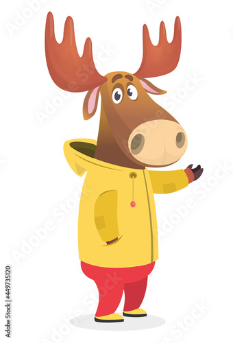 Cartoon funny and happy moose in a yellow rain coat. Elk wearing clothing. Vector illustration isolated