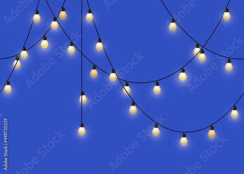 Glowing light bulb garland. Repeated decorative lamp garland. Wall decor for party. Vector