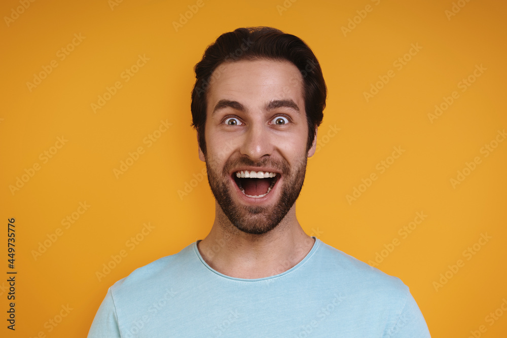 Obraz premium Portrait of excited young man in casual clothing looking at camera and smiling while standing against yellow background
