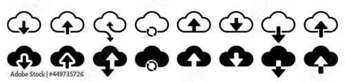 Set cloud download and upload icons. Flat sign for mobile and web design. Cloud with arrow up and down simple outline and filled sign - stock vector