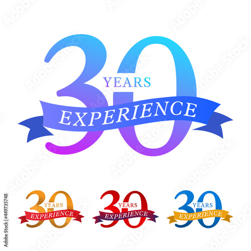 Modern 30 years experience label, icon, symbol, sign with different color options, isolated on white background, vector illustration.
