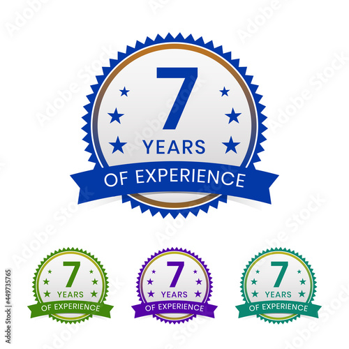 Multicolor vector illustration of "7 years of experience" badge on white background.