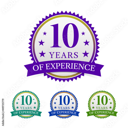 Simple 4 color 10 years of experience vector illustration badge, seal, symbol, icon with stars and ribbon isolated on white background.