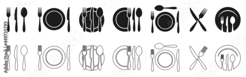 Set logotype menu, cutlery icon, tableware sign, plate, fork and knife icons in different variations - stock vector