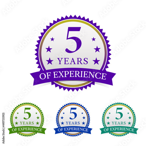 Multicolor badge and matching ribbon with stars and the text of 5 years of experience written inside, vector illustration.