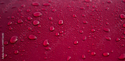 Drops of water on red surface. Macro photo  drop  shadow