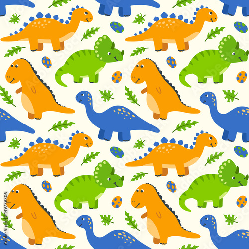 Seamless pattern with cute cartoon dinosaurs and eggs. Kids background with hand-drawn dinos and green palm leaves. Vector wallpaper for children.