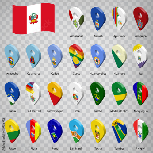 Twenty five flags the Provinces of Peru  -  alphabetical order with name.  Set of 3d geolocation signs like flags Departments of Peru.  Twenty five one 3d geolocation signs for your design. EPS10 photo
