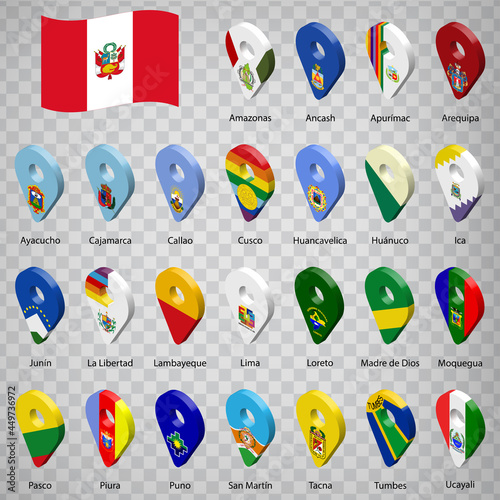 Twenty five flags the Provinces of Peru  -  alphabetical order with name.  Set of 3d geolocation signs like flags Departments of Peru.  Twenty five one 3d geolocation signs for your design. EPS10