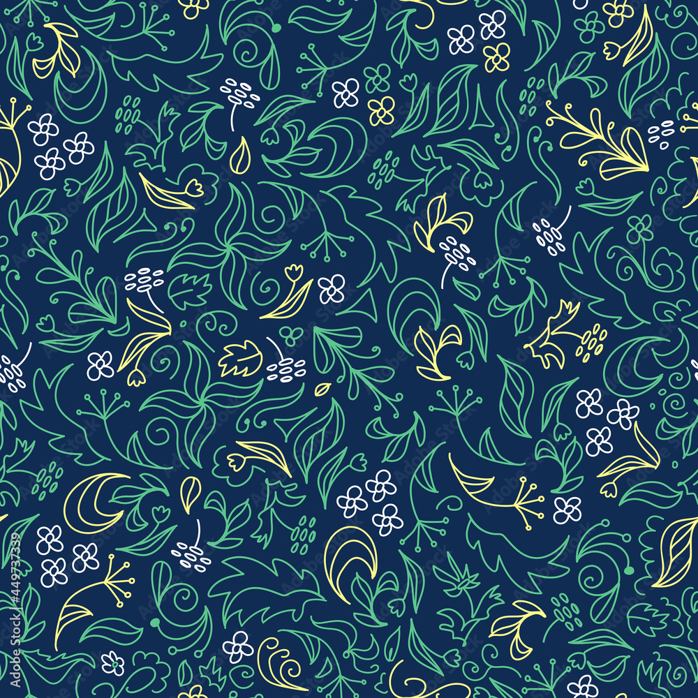 Bright floral summer seamless doodle pattern. In trendy earthy tones. Field herbs and flowers on a dark background. For dresses, wallpaper, printing on fabric, wrapping,