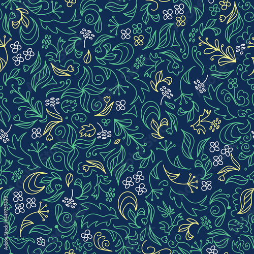 Bright floral summer seamless doodle pattern. In trendy earthy tones. Field herbs and flowers on a dark background. For dresses  wallpaper  printing on fabric  wrapping 