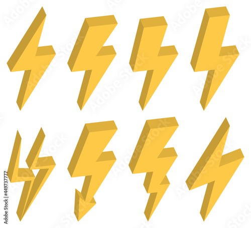 3D lightning bolts vector logo set. Power and electric symbols. Vector illustration.